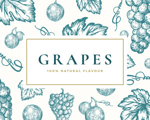 Wall Mural - hand drawn grapes illustration card. abstract vector grape bunch and leaves sketch background with c