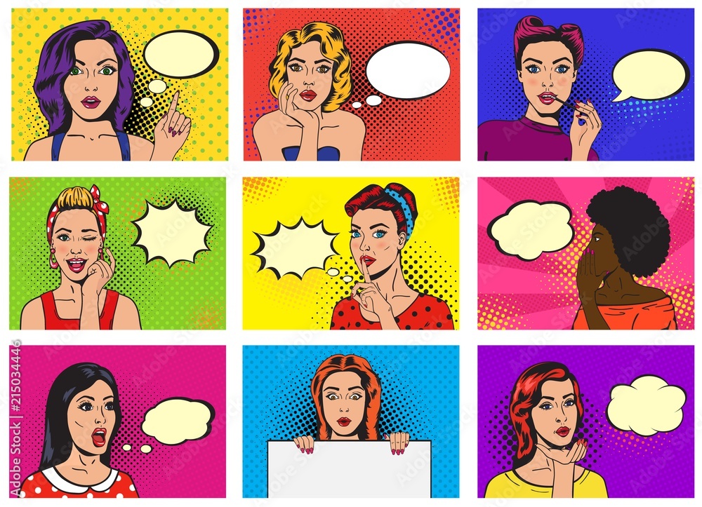 Comic woman vector popart cartoon girl character speaking bubble speech or comicgirl illustration female set of beautiful lady pinup with pretty face in fashion style on background - obrazy, fototapety, plakaty 