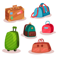 Wall Mural - flat vector set of different bags. women handbags, retro case with stickers, urban backpack, large s