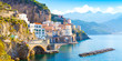 canvas print picture - Morning view of Amalfi cityscape on coast line of mediterranean sea, Italy