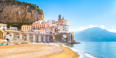 Wall Mural - Morning view of Amalfi cityscape on coast line of mediterranean sea, Italy