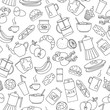 Seamless pattern on theme of food and breakfast , simple contour icons,dark outlines on white background