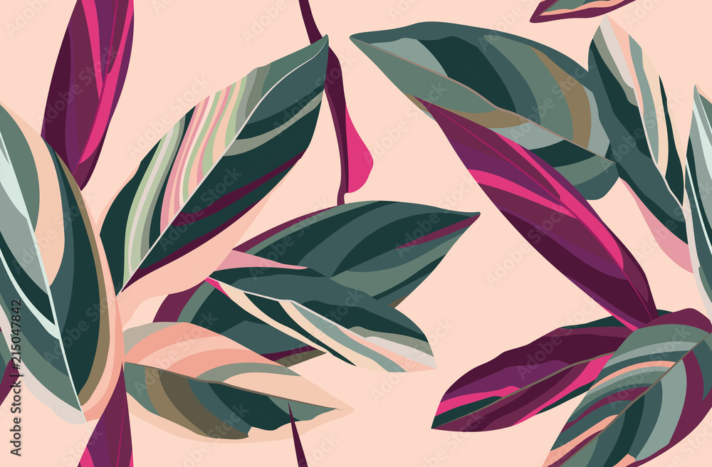 Leaves of Cordelia on a pink background. Floral seamless pattern. - obrazy, fototapety, plakaty 