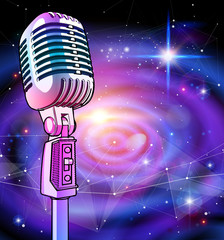 Wall Mural - A microphone on a blue technological background is surrounded by a sound wave. Atmosphere of sound recording studio, chamber concert, night disco club or karaoke club / vector