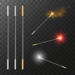 vector realistic magic wands with transparent colorful light effects on dark background