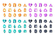 Set Of Vector Realistic Turquoise, Black, Purple, Orange Gems And Jewels On White Background. Multicolor Shiny Diamonds With Different Cuts. Design Elements And Icons For Holiday Gift And Jewelry Shop