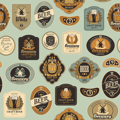 Wall Mural - vector seamless pattern on the theme of beer with various beer labels with images of barrels, beer g