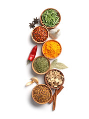 Wall Mural - Beautiful composition with different aromatic spices on white background