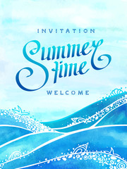 Summer time and sea wave background with invitation and welcome hand drawn text. Watercolor ocean wave, sea wave with ornamental sea foam and seashell and sky background. Vertical vector illustration 