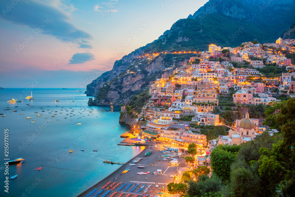 Positano. Aerial image of famous city Positano located on Amalfi Coast, Italy during sunset. - obrazy, fototapety, plakaty 