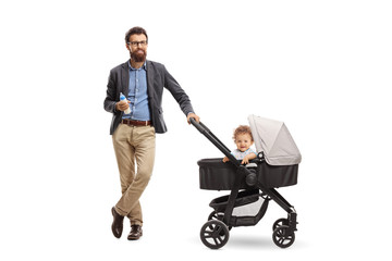 Sticker - Father with a bottle of milk and a baby boy in a stroller