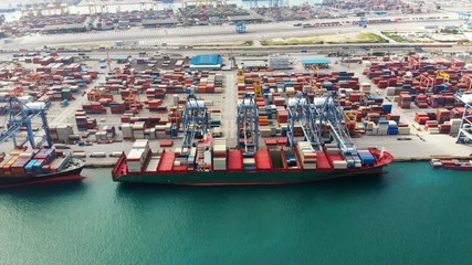 Wall Mural - Aerial view of industrial port with containers, Shipping cargo to harbor.