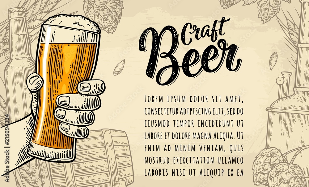 Male hand holding beer glass. Craft Beer calligraphic lettering Stock ...