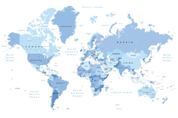  Colourful Illustration of a world map showing country names, State names (USA & Australia), capital cities, major lakes and oceans. Print at no less than 36