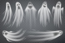 Set Of Realistic Ghosts Isolated On Transparent. Vector Illustration Of 3d Symbols Of Halloween.
