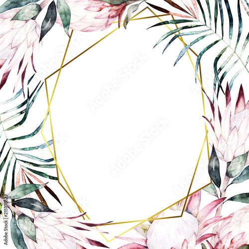 Watercolor floral  geometric template with protea for wedding cards, invitati...