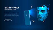 Identification Of A Person Through The System Of Recognition Of A Human Face. The Smartphone Scans A Person's Face Forming A Polygonal Mesh Consisting Of Lines And Dots. Vector Illustration.