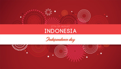 Wall Mural - 17 of August on firework background . banner for celebrate the national day of Indonesia. Indonesia Happy Independence Day greeting card . vector illustration