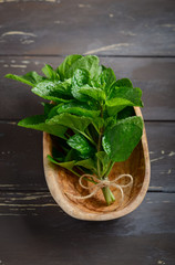 Wall Mural - Fresh organic mint bunch in a wooden bowl on the old rustic wooden table.