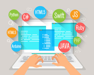 Wall Mural - programming banner, coding, best programming languages, flat illustration concept