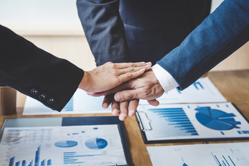 Aufkleber - Image of business people joining and putting hands together during their meeting, connection and collaboration concept, Teamwork process of partner and best relationship