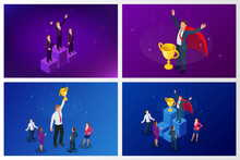 Isometric Winner Business And Achievement Concept. Business Success. Big Trophy For Businessmen.