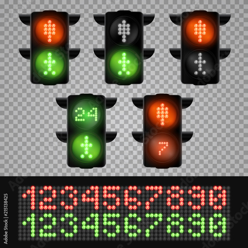 Fotografie, Obraz Realistic 3d led pedestrian traffic lights with numbers isolated on transparent background