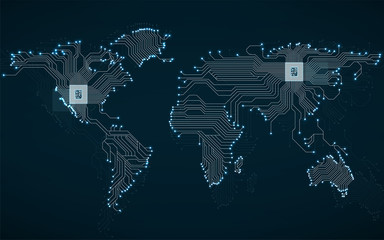 Abstract world map with cpu. Circuit board. Technology background. Vector illustration. Eps 10