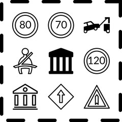 Simple 9 icon set of law related traffic sign, towed car, speed limit and seat belt vector icons. Collection Illustration