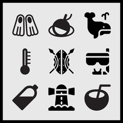  Simple 9 set of Summer related whale, weapon, oil sun bottle and diving fins vector icons