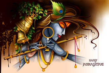 Lord Krishna playing flute on Happy Janmashtami holiday Indian festival greeting background