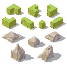Vector 3d Isometric Green Bushes, Grey Stones, Rocks For Garden Landscape. Nature Objects With Shadows, Environment. Natural Park, Plants Elements, Botanical Decoration Template For Game Design
