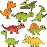 Fototapeta Dinusie - Cute cartoon dinosaurs: Ankylosaurus, Brachiosaurus, Parasaurolophus, Pterodactylus, Spinosaurus, Stegosaurus, Triceratops, Tyrannosaurus Rex. Vector illustration.