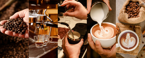 Process of making coffee from roast, make espresso, steam milk, pour latte art, until served as a cup