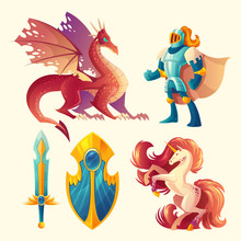 Vector Set Of Fantasy Game Design Objects Isolated On White Background. Knight In Armor, Red Dragon, Fantastic Unicorn, Magic Shield, Royal Sword. Magical Characters, Ui Concept.