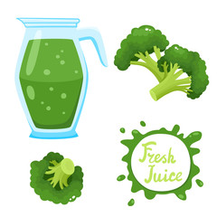 Vector set of broccoli juice and broccoli isolated on white.