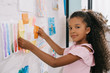 © LIGHTFIELD STUDIOS - side view of african american child looking at camera while hanging colorful picture on white wall in room