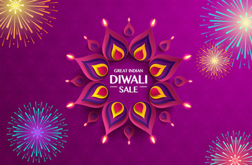 Wall Mural - Great Indian Diwali festival big sale. Background with the paper graphic of Indian Rangoli and fireworks.