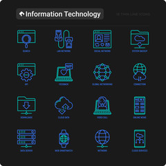 Wall Mural - information technology thin line icons set: social network, system backup, search, lan network, conn