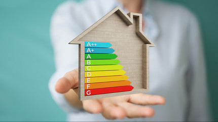 Wall Mural - businesswoman using 3d rendering energy rating chart in a wooden house