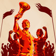 Crowd protest fist revolution poster design. Man leader in front of a crowd holding megaphone. Propaganda Background Style.