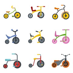 Sticker - Tricycle bicycle bike wheel icons set. Flat illustration of 9 tricycle bicycle bike wheel vector icons isolated on white