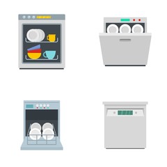 Sticker - Dishwasher machine kitchen icons set. Flat illustration of 4 dishwasher machine kitchen vector icons isolated on white