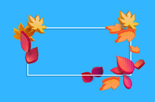 Blue Autumn Spectrum Background With Beautiful 3d Leaves.