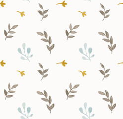 Wall Mural - Hand drawn seamless pattern with branches, leaves and flowers. Vector watercolor background in pastel, fall colors.