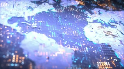 Wall Mural - digital world communication data. 3d shape world map of electronic and digital components conceptual