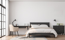 Modern Classic Bedroom 3d Render.The Rooms Have Wooden Floors And White Walls.Furnished With Black Wood Furniture. There Are Large Window Overlooking To Outside.