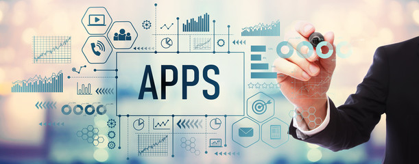 Apps with businessman on blurred abstract background