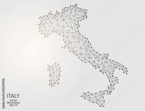 Fotografía A map of Italy consisting of 3D triangles, lines, points, and connections
