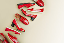 Stylish Female Spring Or Autumn Shoes In Red Colors. Beauty And Fashion Concept. Flat Lay, Top View